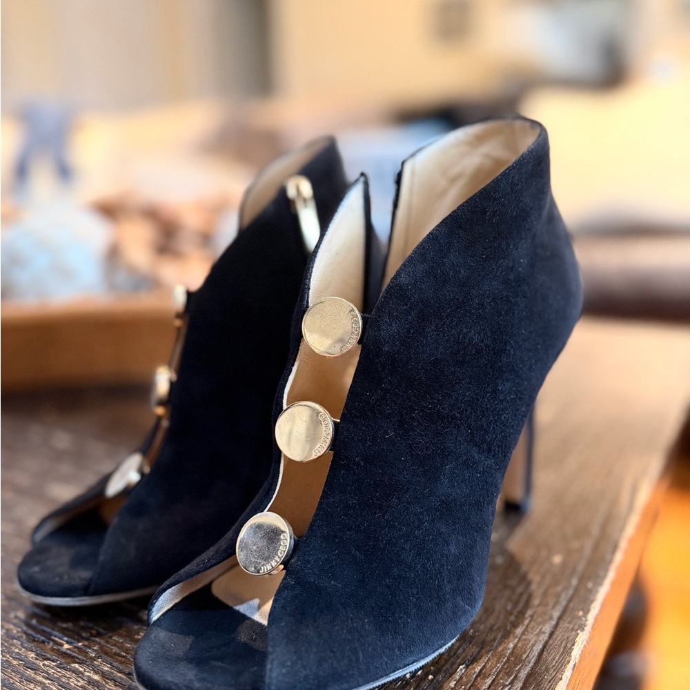 Jimmy Choo Black Suede Heels with Gold Accents